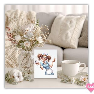 May include: A greeting card featuring a cartoon nurse in a blue uniform holding a medicine bottle and making a peace sign. The card is on a white table with a cup of tea, flowers, and a decorative heart.