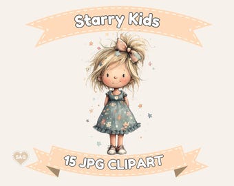Starry Kids Clipart: Whimsical Girls, Stars, Scrapbooking (Digital Download)