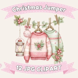 Könnte beinhalten: Aquarellillustration von zwei Weihnachtspullovern, rosa und grün, die an einer Wäscheleine hängen. Das Bild enthält eine Laterne und Ornamente. Der Text lautet "Christmas Jumper" und "12 JPG Clipart".