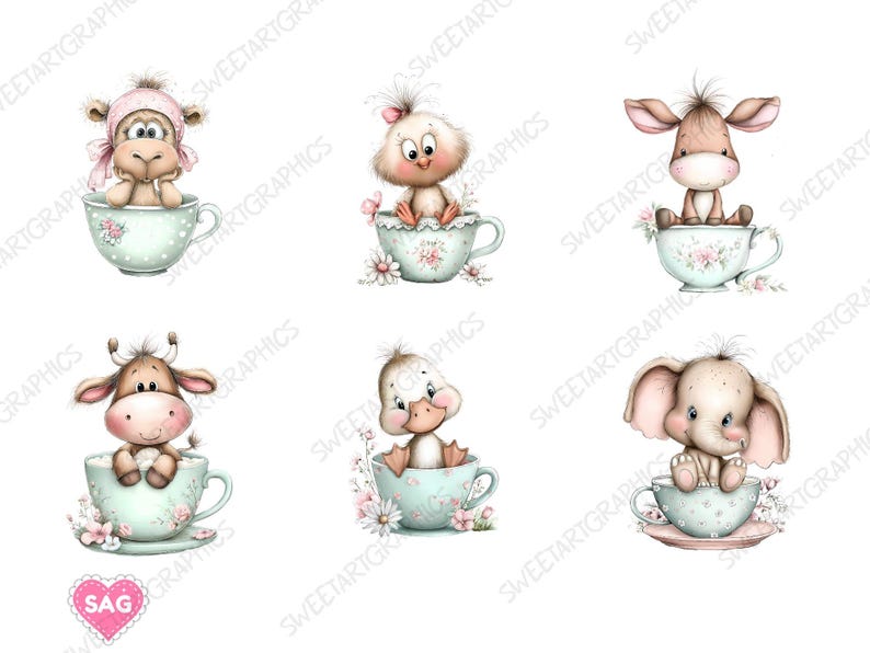 Teacup Animals Clipart, 25 PNG Pastel Animal Bundle, Cute Animals in ...