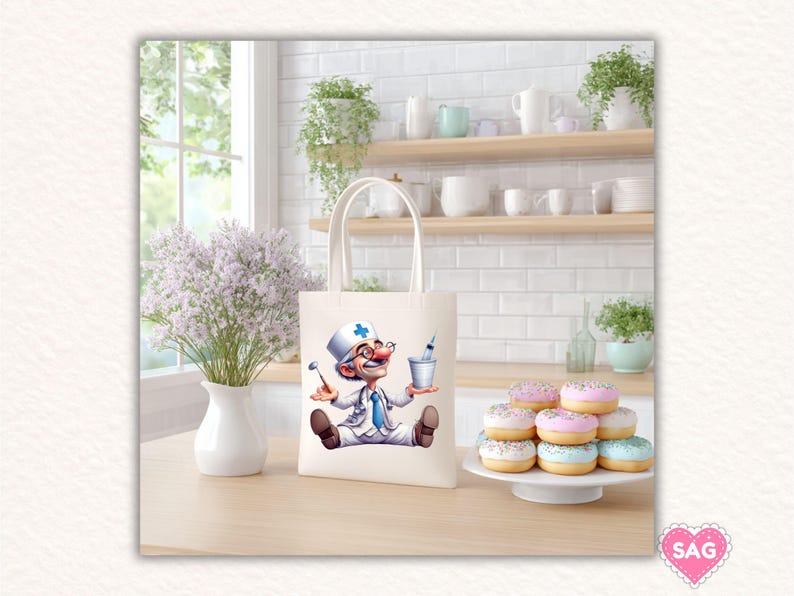 May include: A cream-colored tote bag featuring a cartoon doctor with a red nose, glasses, and a blue cross on his hat. The doctor is holding dental tools and a small container. A stack of donuts with pastel frosting sits on a white plate.