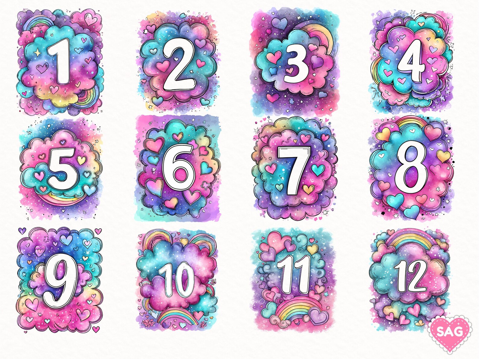 Numbers 1 21 Pastel Cloud Numbers Clipart PNG, Numbers 1-21, Watercolor Number Set ...