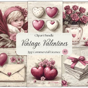 Vintage Valentines Clipart: Romantic Cherubs, Hearts, Flowers (JPG Digital Download)