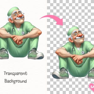 May include: Cartoon illustration of a smiling doctor in green scrubs, a matching cap, and glasses. He is seated with his arms crossed, wearing green and white sneakers. A stethoscope is around his neck. The image has a transparent background.