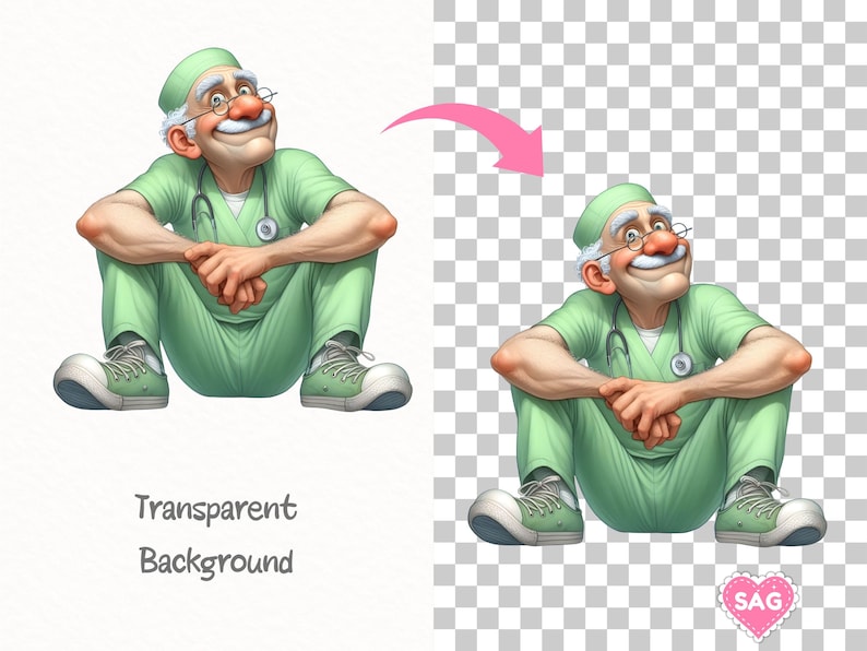 May include: Cartoon illustration of a smiling doctor in green scrubs, a matching cap, and glasses. He is seated with his arms crossed, wearing green and white sneakers. A stethoscope is around his neck. The image has a transparent background.