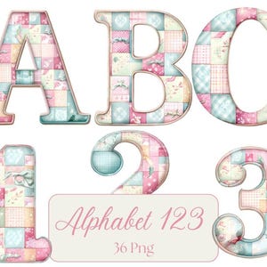 May include: Digital alphabet letters and numbers in a patchwork quilt design. The letters A, B, and C, and numbers 1, 2, and 3 are shown. The letters and numbers are in pastel colours with floral and geometric patterns. The text "Alphabet 123" is also shown.