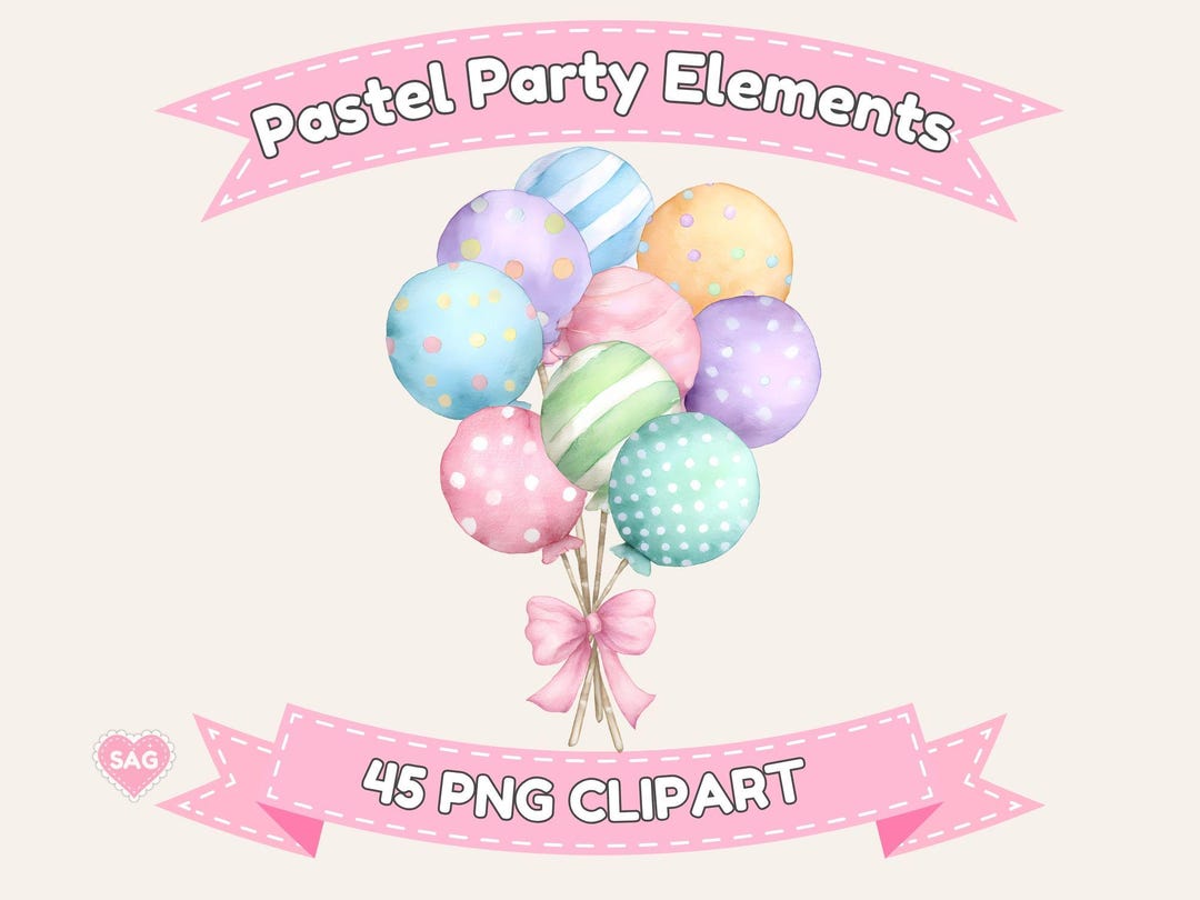 Pastel Party Clipart PNG Bundle, Watercolor Balloons Banners Pinata ...
