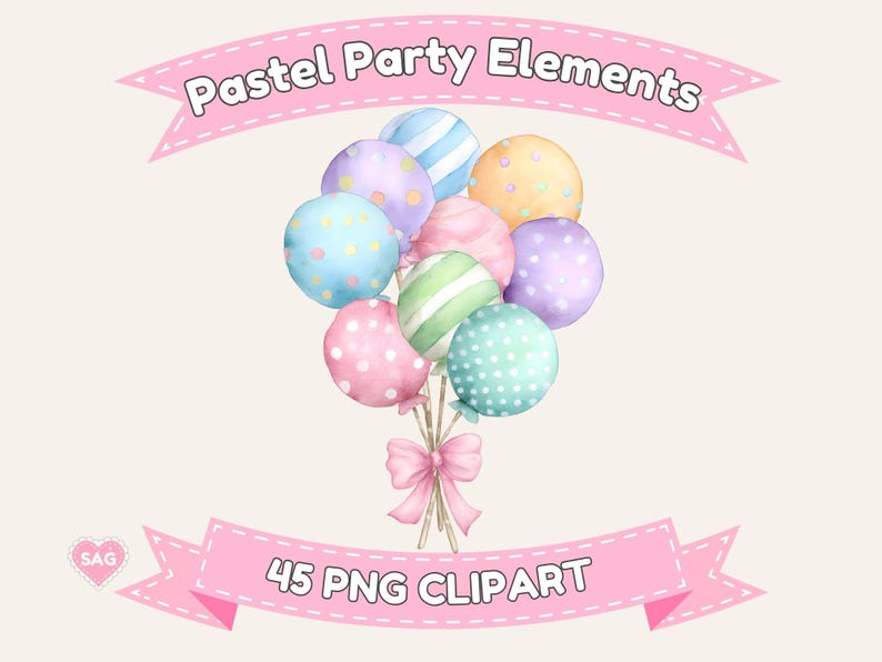 Pastel Party Clipart PNG Bundle, Watercolor Balloons Banners Pinata ...