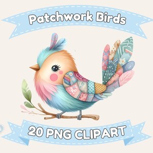 Pastel Patchwork Birds Clipart: Transparent PNG, Scrapbooking (Digital Download)