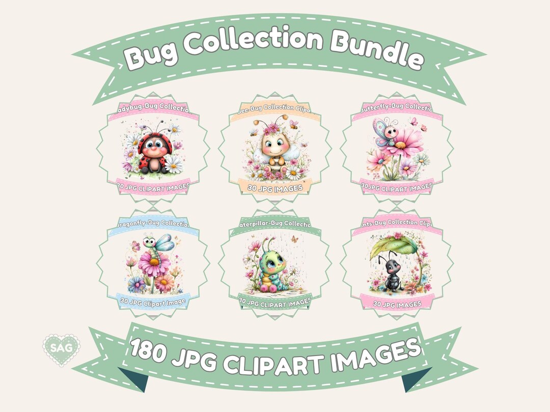 Bug Collection Clipart Bundle, 180 JPG Insect Images, Kawaii, Cards ...