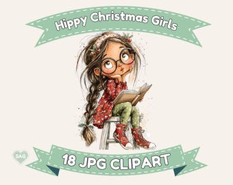 Retro Hippie Girls Christmas Clipart: 70s Boho PNG Images  (Digital Download)