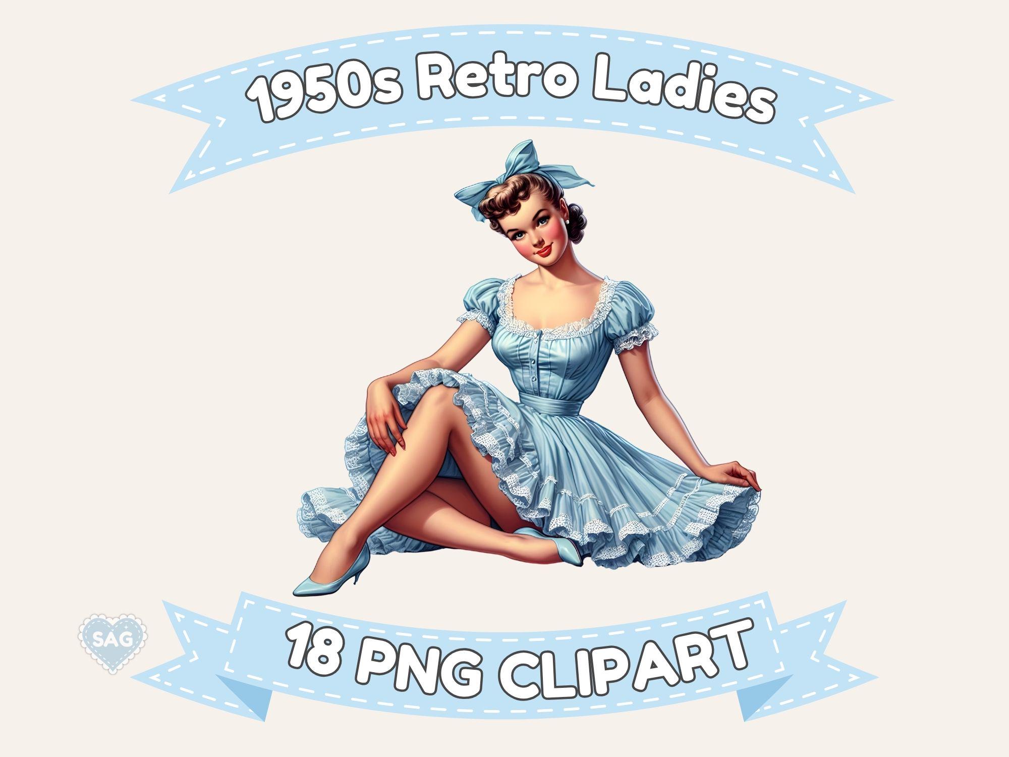 Retro Lady 1950s Fashion Clipart: Retro Ladies in Blue, PNG Digital Download ...