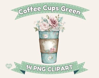 Floral Coffee Cups Clipart: Green Takeaway PNG JPG (Digital Download)