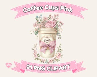 Pink Floral Coffee Cups Clipart: PNG, JPG (Digital Download)