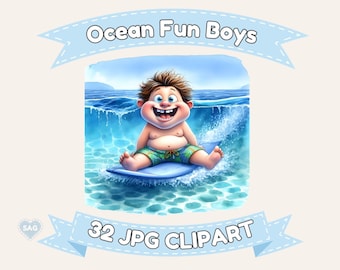 Ocean Fun Boys Clipart: Summer Beach Illustrations (Digital Download)