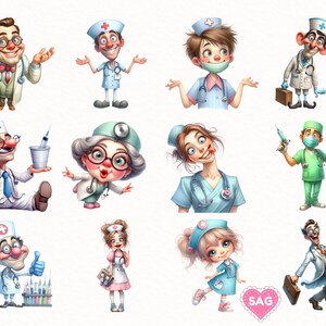 May include: A collection of cartoon illustrations featuring doctors and nurses in various poses. The characters are depicted with exaggerated features, wearing medical attire, and holding medical tools. The color palette includes white, blue, green, and pink.