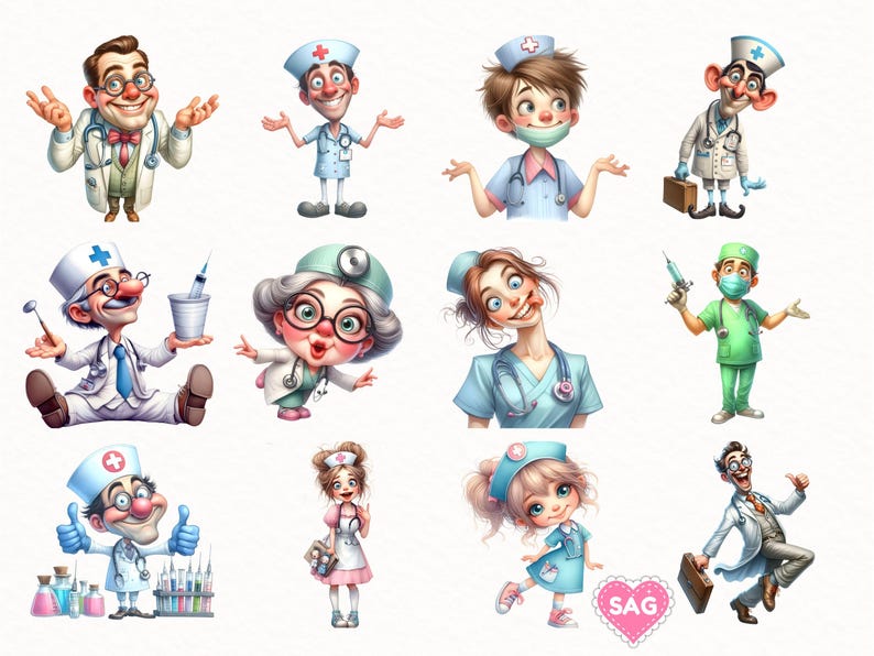 May include: A collection of cartoon illustrations featuring doctors and nurses in various poses. The characters are depicted with exaggerated features, wearing medical attire, and holding medical tools. The color palette includes white, blue, green, and pink.