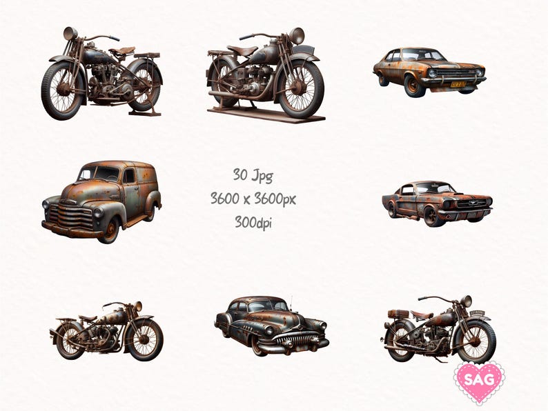 Rust Cars Graphics Rusty Cars & Motorbikes Clipart: Vintage Vehicle Graphics (digital ...
