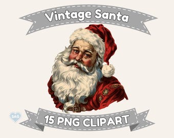 Imágenes prediseñadas de Papá Noel vintage: Gráficos PNG navideños tradicionales (Descarga digital)