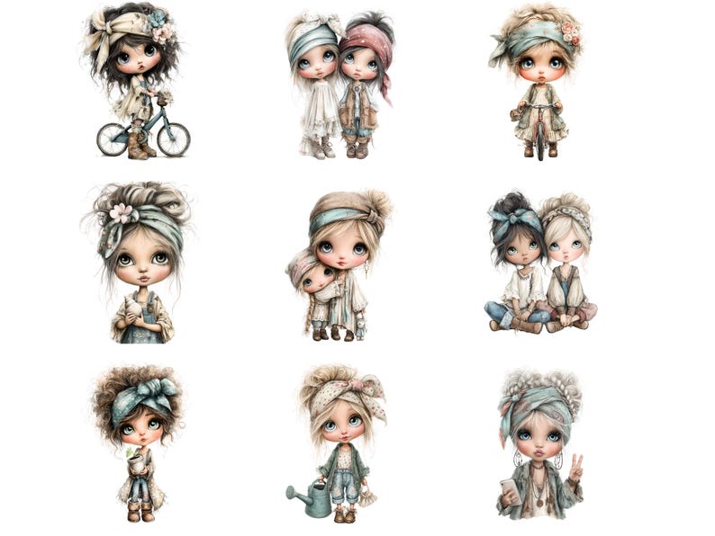 Boho Girl Clipart JPG | 26 Adorable Watercolour Fashion Girls | Chic ...