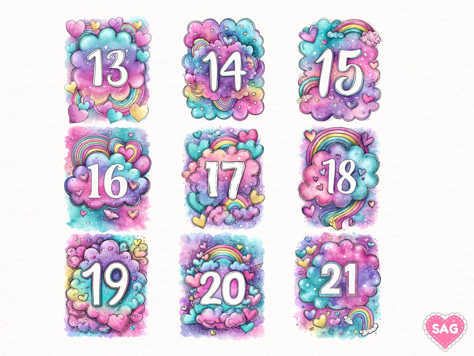 Numbers 1 21 Pastel Cloud Numbers Clipart PNG, Numbers 1-21, Watercolor Number Set ...