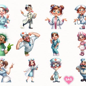 May include: A collection of cartoon illustrations featuring medical professionals. The images depict doctors and nurses in various poses, wearing scrubs, lab coats, and hats. The characters have exaggerated features and expressions, with a playful and whimsical style.