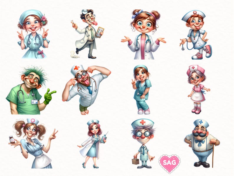 May include: A collection of cartoon illustrations featuring medical professionals. The images depict doctors and nurses in various poses, wearing scrubs, lab coats, and hats. The characters have exaggerated features and expressions, with a playful and whimsical style.
