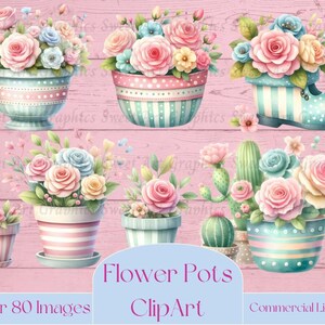 Pastel Flower Pot Digital Clipart, Floral Graphics, Pretty Flower Images, Creative Flowerpot Designs, Shabby Chic Style Artwork, Flowershop