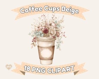 Floral Coffee Cups Clipart: Beige Takeaway PNG JPG (Digital Download)