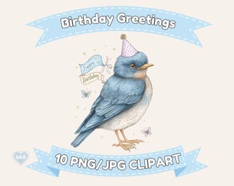 Clipart de animais para felicitações de aniversário em aquarela: chapéus de festa, PNG e JPG, ilustrações para cartões.