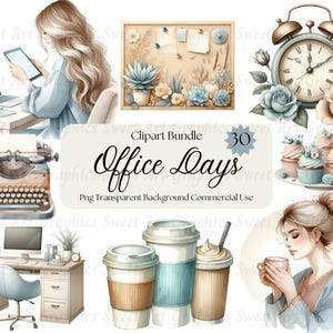 以下が含まれることがあります： オフィスをテーマにした30個のデジタルクリップアートのバンドル。イラストには、ラップトップで作業する女性、タイプライター、コンピューター付きのデスク、コーヒーカップ、コーヒーを飲む女性、ヴィンテージアラームクロックが含まれています。イラストは水彩画のスタイルで、薄い青と茶色のカラーパレットを使用しています。