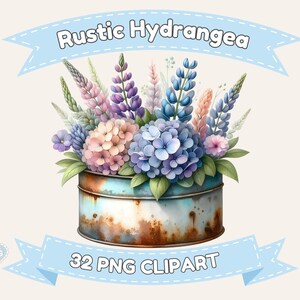 Pode incluir: Ilustração em aquarela de um arranjo floral em um recipiente de metal rústico. O arranjo apresenta hortênsias azuis, rosas e roxas e outras flores. A imagem inclui o texto "Rustic Hydrangea" e "32 PNG Clipart".