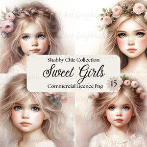 Sweet Girls Digitale Clipart Grafiken, Shabby Chic Kollektion, Chic Style, Mädchen und Blumen, kleine Mädchen, Wandkunst, Karten, Ephemera, Tags