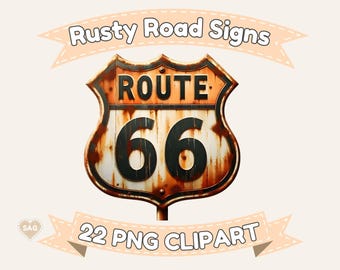 Rostig vägskylt Clipart: Route 66, Vintage Americana (digital nedladdning)