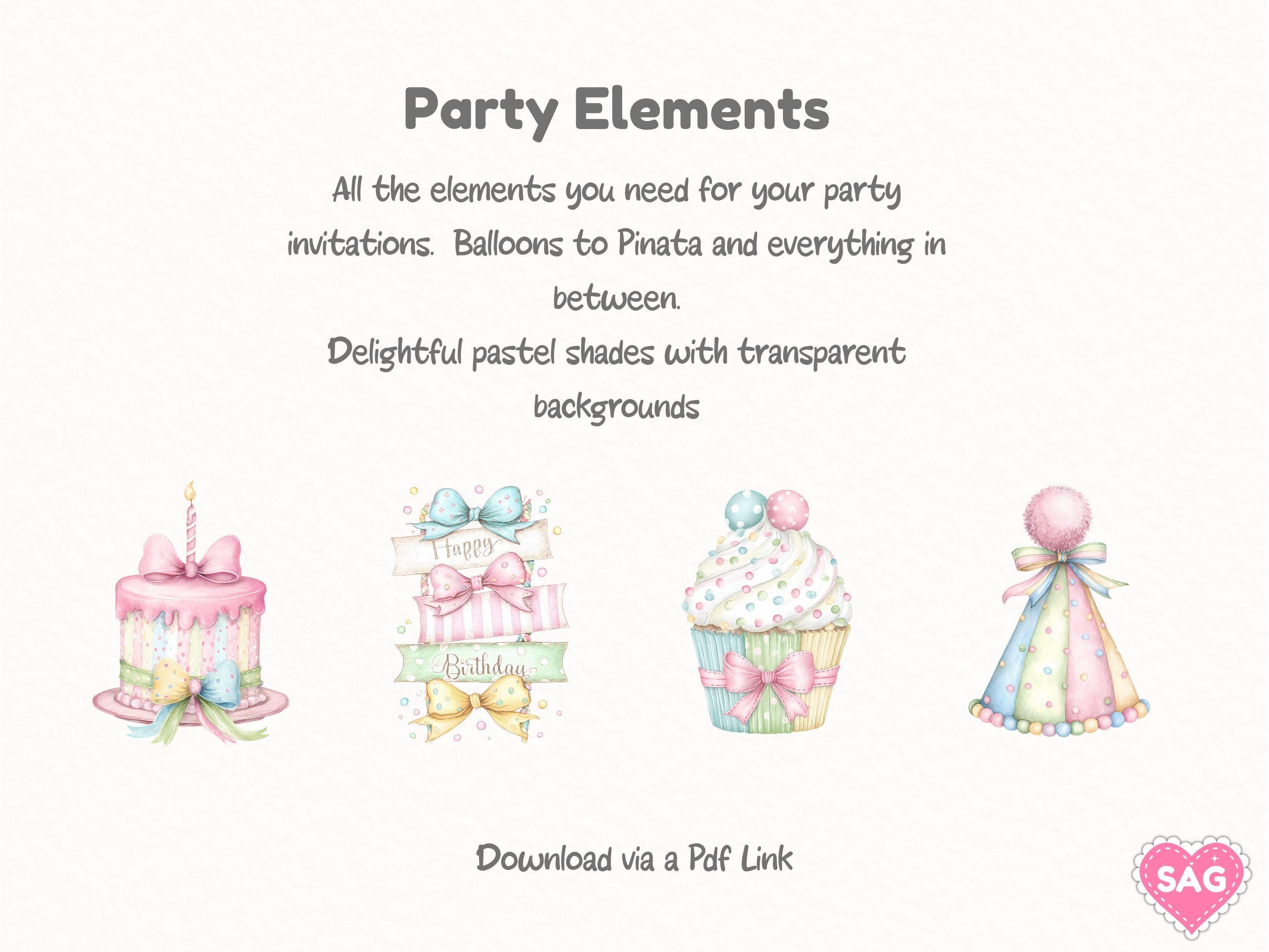 Pastel Party Clipart PNG Bundle, Watercolor Balloons Banners Pinata ...
