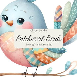 May include: A patchwork bird with blue, pink, and orange feathers. The bird is perched on a branch with green leaves. The image includes the text "Clipart Bundle Patchwork Birds 20 Png Transparent Bg".