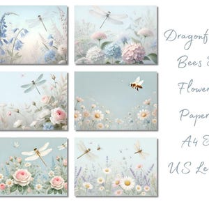 Dragonflies, Bees and Flowers A4 & US Letter Digital Papers, Junk Journal Pages, Scrapbooking papers, Beautiful Insects, Delicate Blooms