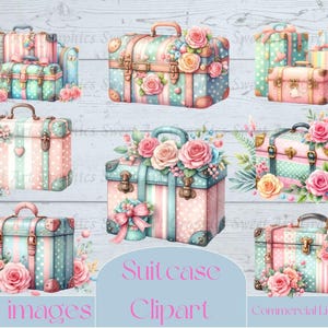 Clipart digital de maleta con estampado pastel Shabby Chic, clipart de viaje, maletas florales, viajes femeninos, bolsos pastel, maletas florales