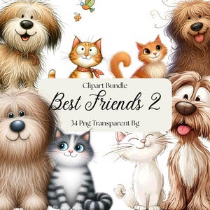 Best Friends 2 Digital Clipart, Quirky Cat and Dog Friendship, Pets, Funny Dogs and Cats, Card Graphics, Scrapjournal, Invitations