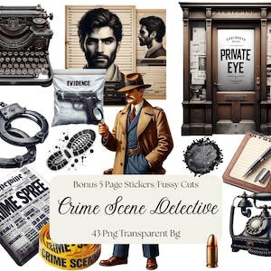 Crime Scene Detective Digital Clipart and Bonus Sticker/Fussy Cut Sheets, Junk Journal Supplies, Scrapbooking, Card Making, Gumshoe Detect