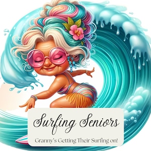 Imágenes prediseñadas digitales Jpg de personas mayores surfeando, personas mayores enloquecidas, abuelas geniales, Hang 10, conejitas de playa, personas mayores surfeando, suministros para manualidades, tarjetas