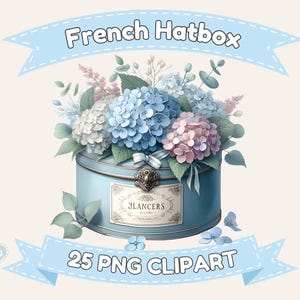 May include: A pale blue hatbox overflowing with a floral arrangement of hydrangeas in blue, pink, and white. The hatbox features a decorative clasp and a label reading "JLANCERS". The image also includes the text "French Hatbox" and "25 PNG Clipart".