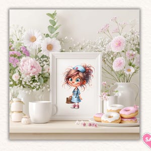 May include: A framed illustration of a cartoon nurse with a blue uniform and a medical bag. The image is set on a white table with a white mug, donuts, and vases of flowers. The flowers are pink and white.