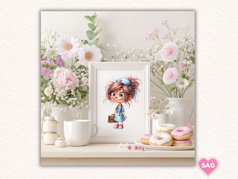 May include: A framed illustration of a cartoon nurse with a blue uniform and a medical bag. The image is set on a white table with a white mug, donuts, and vases of flowers. The flowers are pink and white.