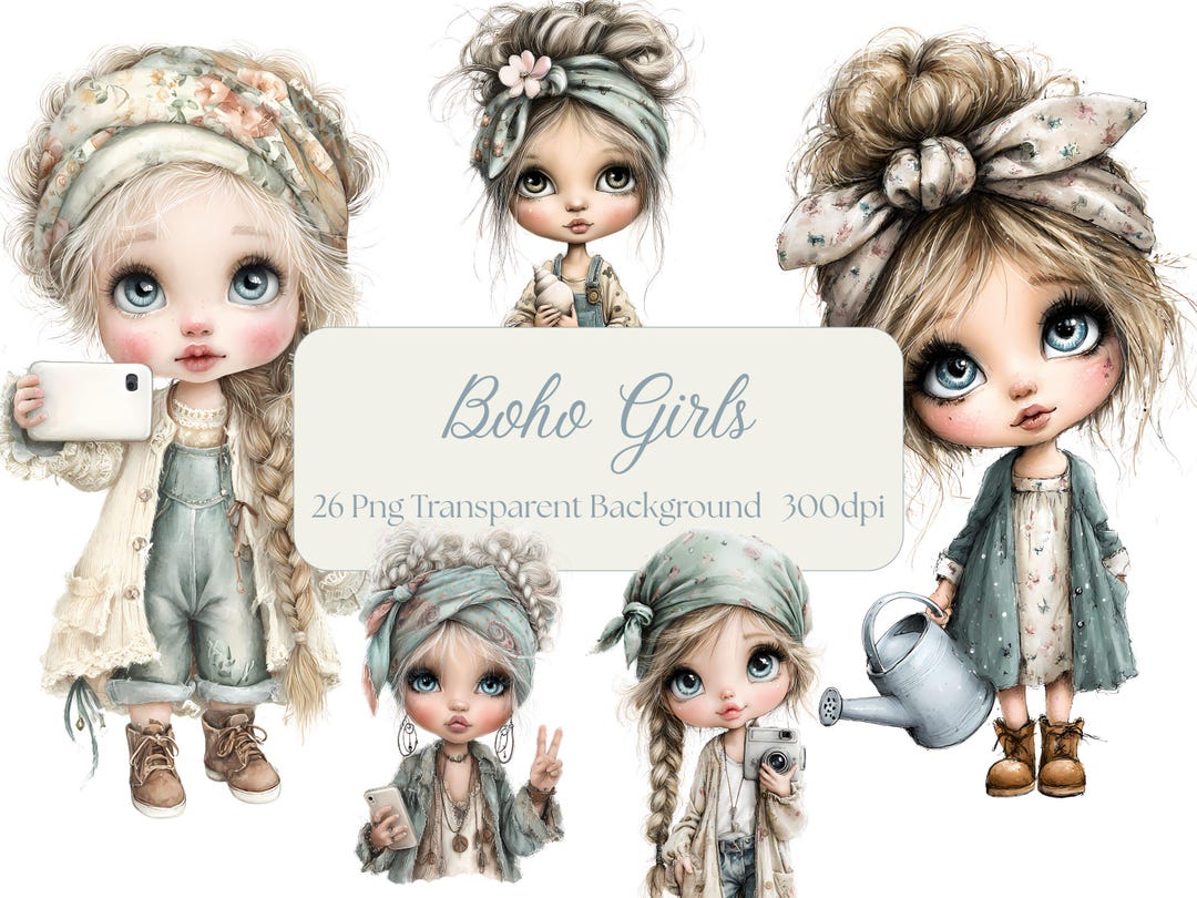 Boho Girl Clipart JPG | 26 Adorable Watercolour Fashion Girls | Chic ...