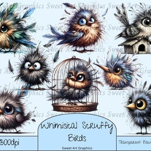 Grillige smerige vogels clipart grillige ambachtelijke levering, feestuitnodigingen, afbeeldingen verjaardagskaart, lieve karakterafbeeldingen