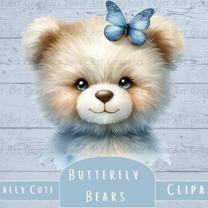 Butterfly Bears Digital Clipart, Expressional Bears, Blue Butterfly, Card Clipart, Whimsical Bear Tshirt, Baby Bear Nursery Art, Sad Bear