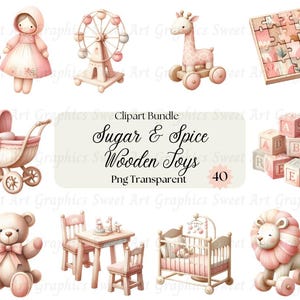 Brinquedos de madeira Sugar & Spice Digital Png Clipart, Brinquedos para meninas, Imagens de berçário, Gráficos de convite, Clipart de diário de lixo, Brinquedo para menina