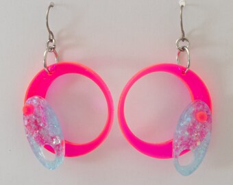 Neon Pink & Blue Sparkly Earrings: 1960s MOD Retro Style