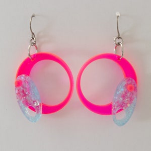Dazzling Neon Groovy Pink and Blue Sparkly Earrings - MOD 1960s 1970s retro style - fluorescent mod fashion earrings